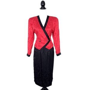 Vintage 80s 90s Adrianna Papell Wrap Top & Pencil Skirt Set 100% Silk Size 6